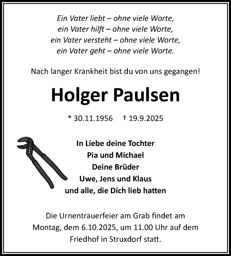  Traueranzeige für Holger Paulsen vom 27.09.2025 aus Schleswiger Nachrichten, Schlei-Bote