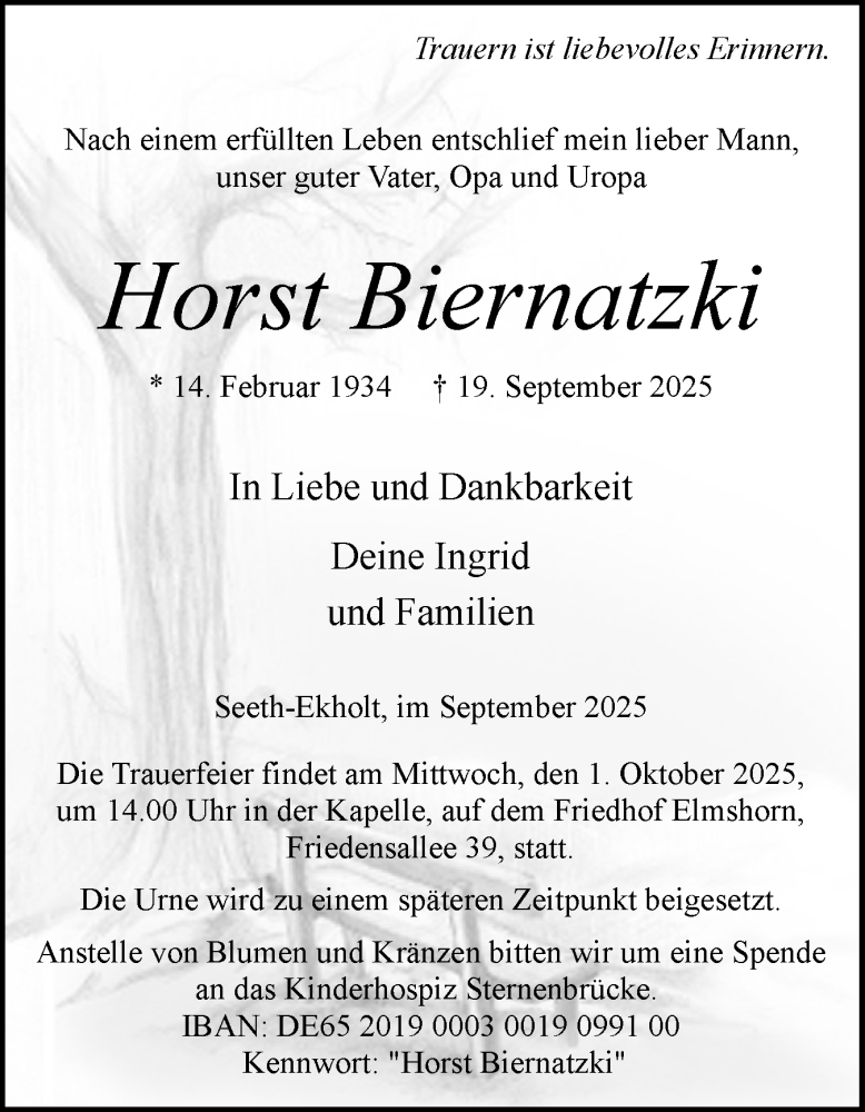  Traueranzeige für Horst Biernatzki vom 27.09.2025 aus Elmshorner Nachrichten, Barmstedter Zeitung