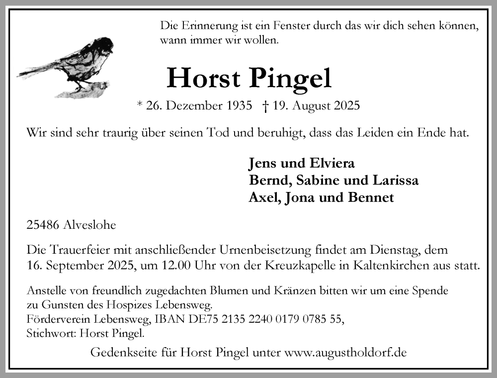  Traueranzeige für Horst Pingel vom 06.09.2025 aus Umschau