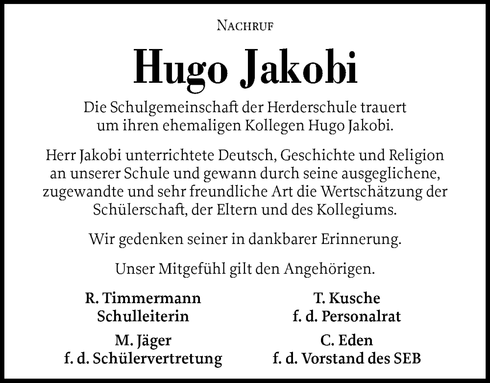  Traueranzeige für Hugo Jakobi vom 20.09.2025 aus Schleswig-Holsteinische Landeszeitung