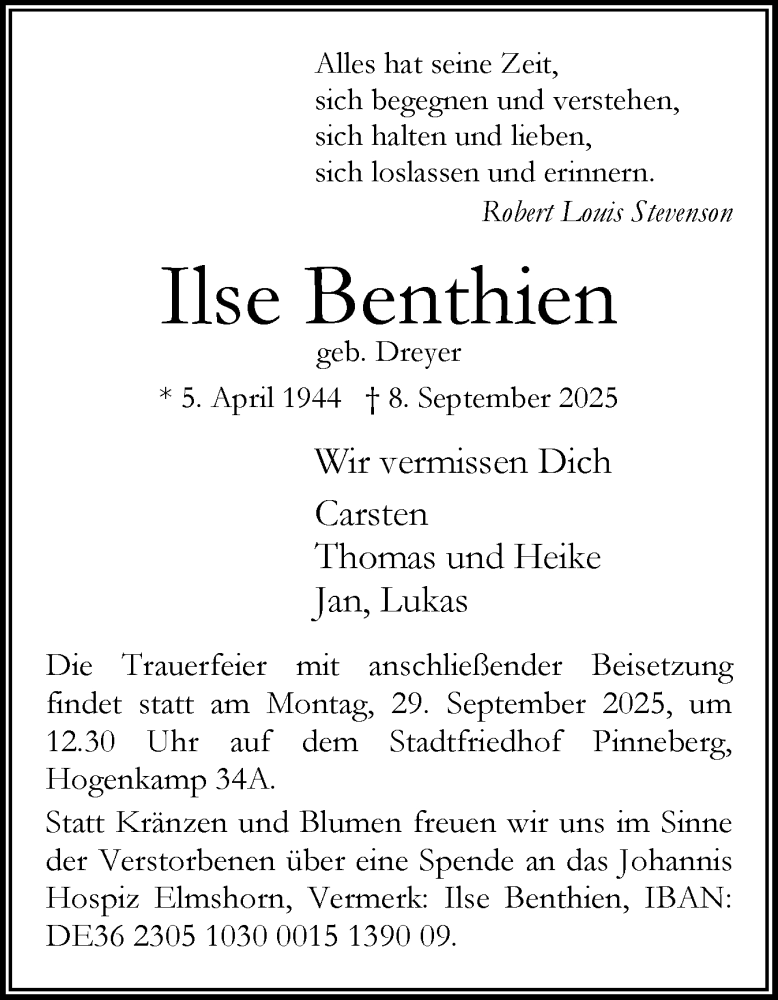  Traueranzeige für Ilse Benthien vom 20.09.2025 aus Region Pinneberg und tip Pinneberg
