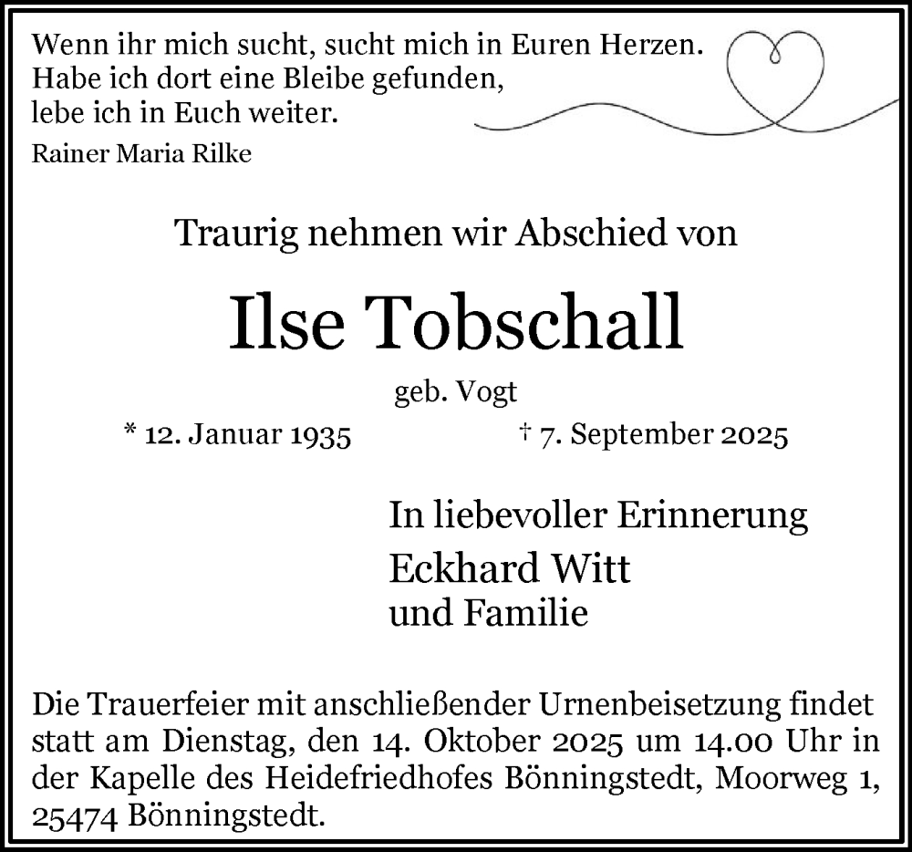  Traueranzeige für Ilse Tobschall vom 27.09.2025 aus Uetersener Nachrichten, Der tip am Wochenende
