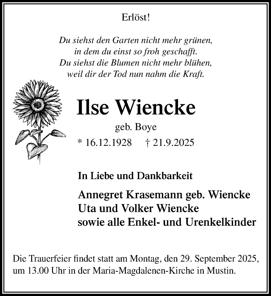  Traueranzeige für Ilse Wiencke vom 27.09.2025 aus MARKT Ratzeburg/Mölln