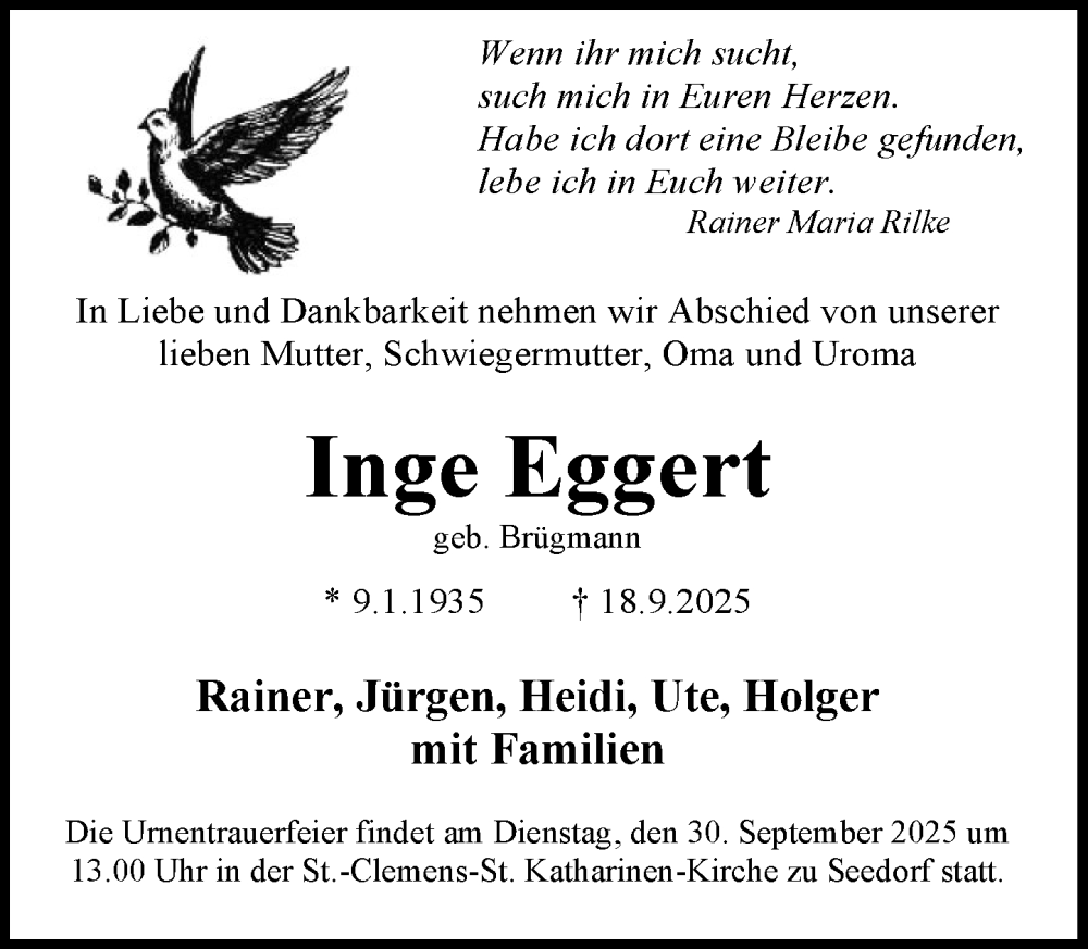  Traueranzeige für Inge Eggert vom 27.09.2025 aus MARKT Ratzeburg/Mölln