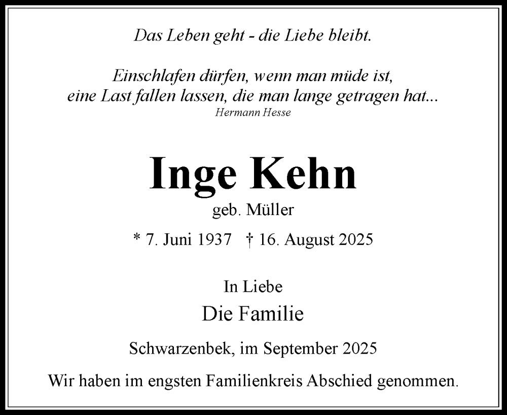  Traueranzeige für Inge Kehn vom 06.09.2025 aus Wochenend Anzeiger