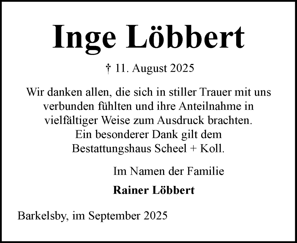 Traueranzeige für Inge Löbbert vom 20.09.2025 aus Eckernförder Zeitung, Hallo Eckernförde