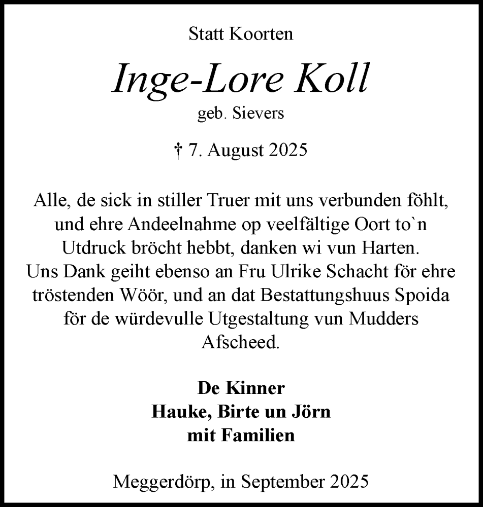  Traueranzeige für Inge-Lore Koll vom 13.09.2025 aus Schleswig-Holsteinische Landeszeitung