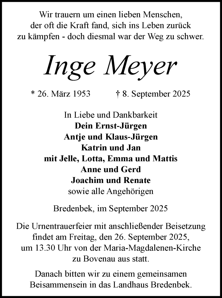  Traueranzeige für Inge Meyer vom 20.09.2025 aus Schleswig-Holsteinische Landeszeitung