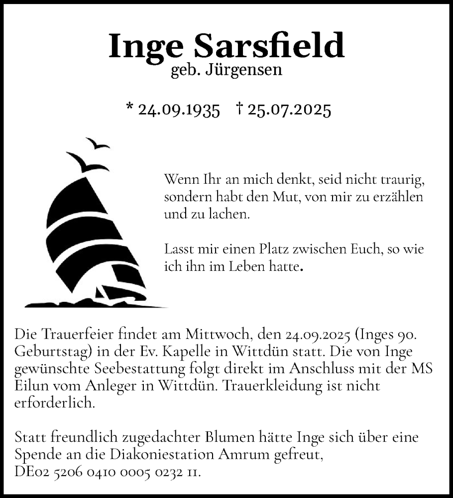  Traueranzeige für Inge Sarsfield vom 17.09.2025 aus Der Insel-Bote