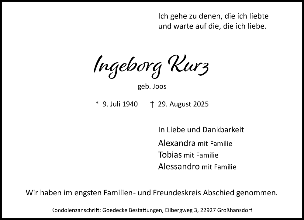  Traueranzeige für Ingeborg Kurz vom 27.09.2025 aus MARKT Ahrensburg/Bargteheide/Trittau und Stormarner Tageblatt