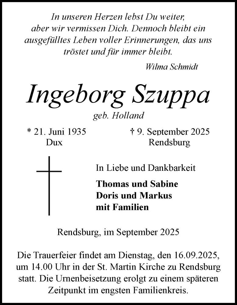  Traueranzeige für Ingeborg Szuppa vom 13.09.2025 aus Schleswig-Holsteinische Landeszeitung