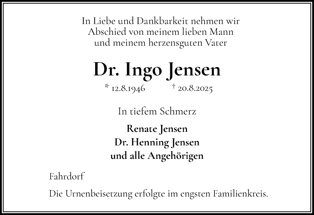  Traueranzeige für Ingo Jensen vom 13.09.2025 aus Schleswiger Nachrichten, Schlei-Bote