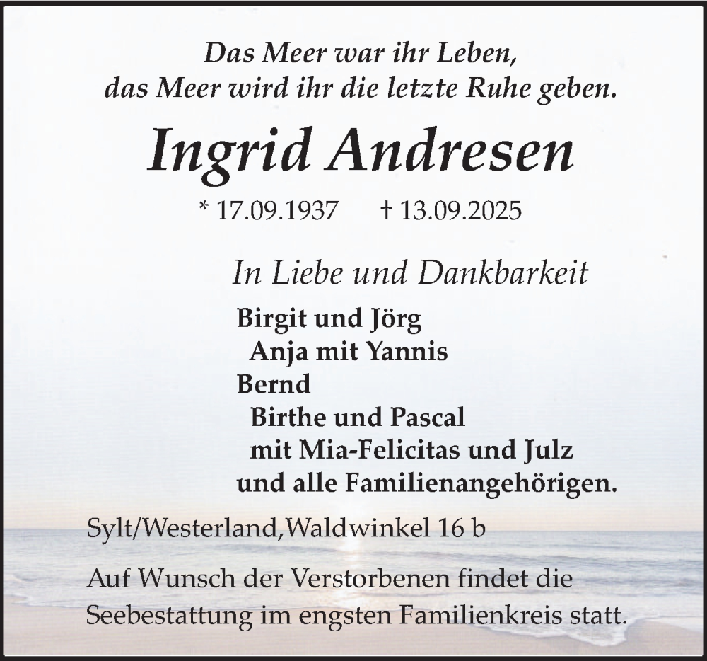  Traueranzeige für Ingrid Andresen vom 20.09.2025 aus Sylter Rundschau