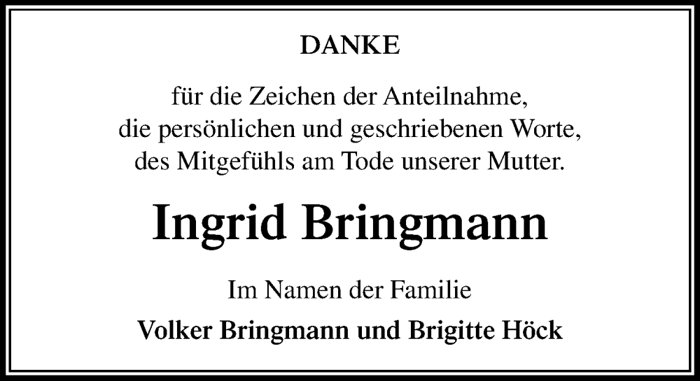 Traueranzeige für Ingrid Bringmann vom 27.09.2025 aus MARKT Ahrensburg/Bargteheide/Trittau und Stormarner Tageblatt