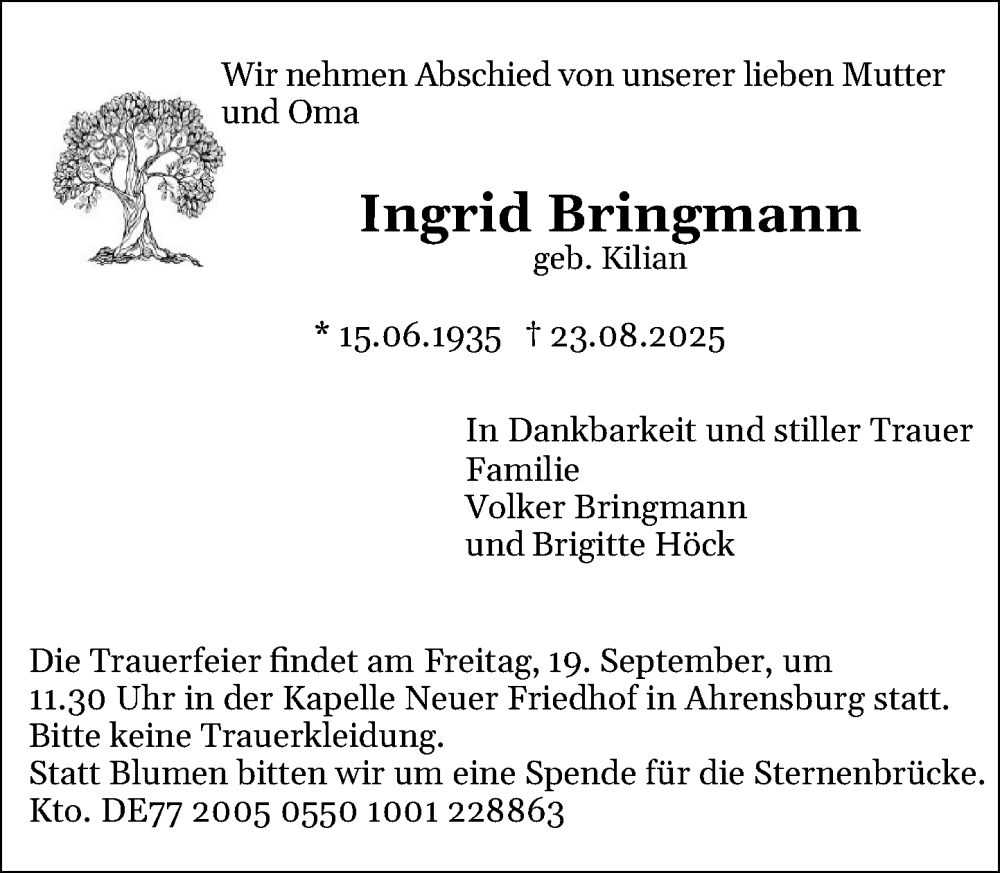  Traueranzeige für Ingrid Bringmann vom 13.09.2025 aus MARKT Ahrensburg/Bargteheide/Trittau und Stormarner Tageblatt