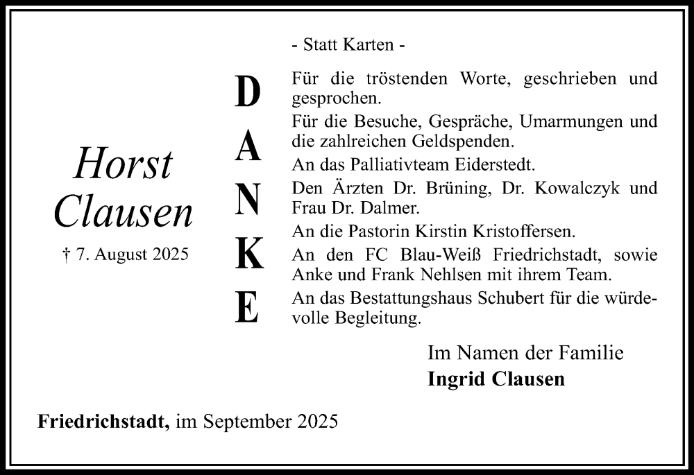  Traueranzeige für Ingrid Clausen vom 13.09.2025 aus Husumer Nachrichten, Nordfriesland Tageblatt