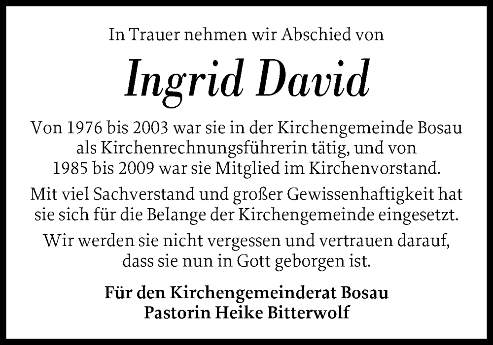  Traueranzeige für Ingrid David vom 20.09.2025 aus Ostholsteiner Anzeiger