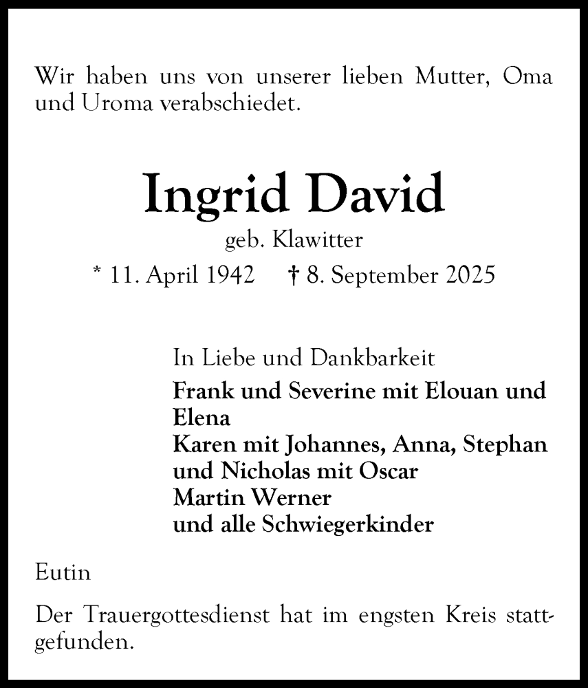  Traueranzeige für Ingrid David vom 20.09.2025 aus Ostholsteiner Anzeiger