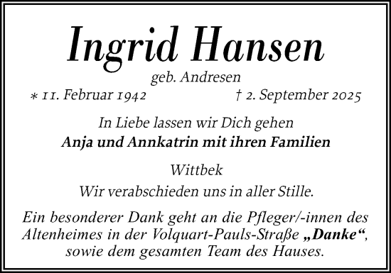 Traueranzeige von Ingrid Hansen von Husumer Nachrichten, Nordfriesland Tageblatt