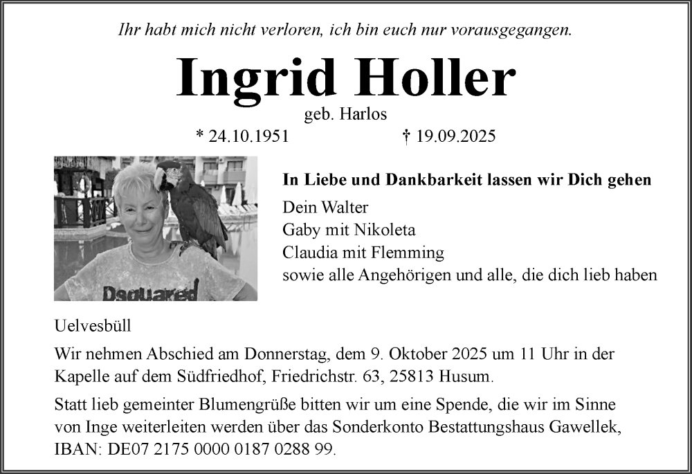  Traueranzeige für Ingrid Holler vom 27.09.2025 aus Region Flensburg