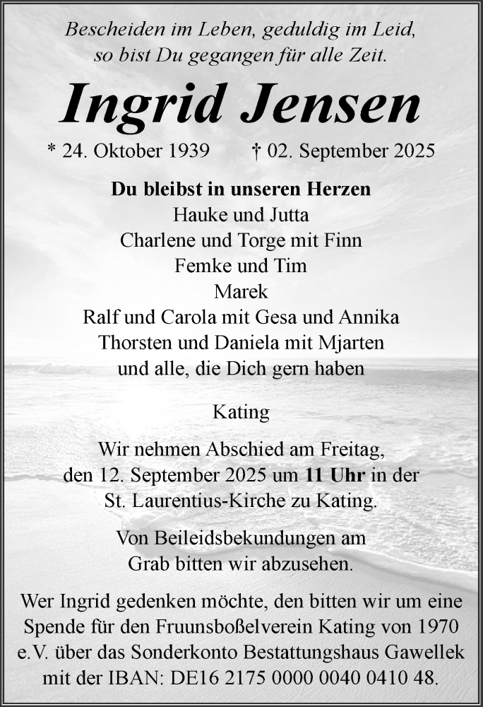  Traueranzeige für Ingrid Jensen vom 06.09.2025 aus Husumer Nachrichten, Nordfriesland Tageblatt