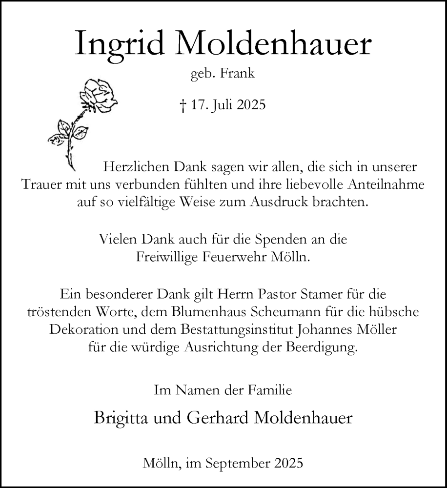  Traueranzeige für Ingrid Moldenhauer vom 06.09.2025 aus MARKT Ratzeburg/Mölln