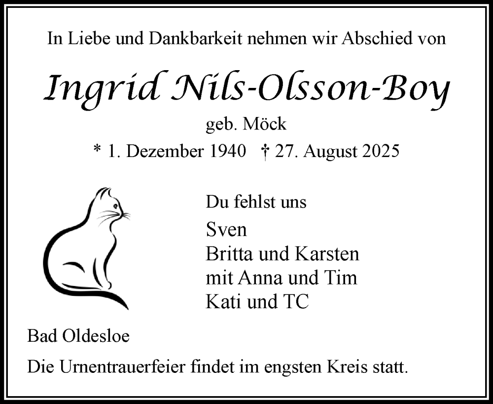  Traueranzeige für Ingrid Nils-Olsson-Boy vom 06.09.2025 aus MARKT Bad Oldesloe/Reinfeld und Stormarner Tageblatt
