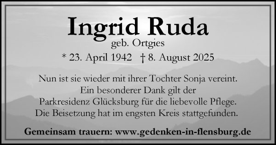 Traueranzeige von Ingrid Ruda von Flensburger Tageblatt