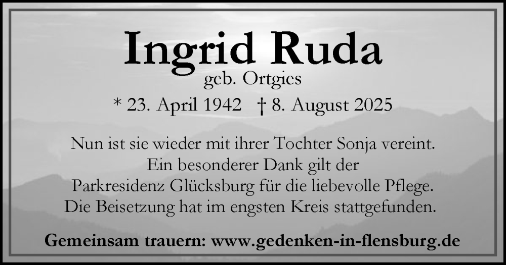  Traueranzeige für Ingrid Ruda vom 06.09.2025 aus Flensburger Tageblatt