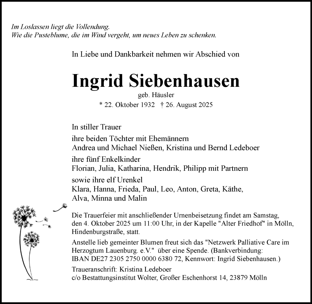  Traueranzeige für Ingrid Siebenhausen vom 20.09.2025 aus MARKT Ratzeburg/Mölln