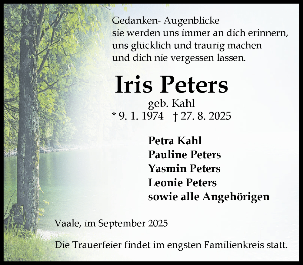  Traueranzeige für Iris Peters vom 06.09.2025 aus Norddeutsche Rundschau, Wilstersche Zeitung, Glückstädter Fortuna
