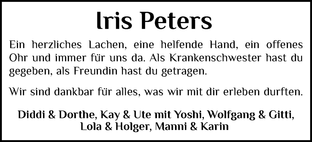  Traueranzeige für Iris Peters vom 27.09.2025 aus Husumer Nachrichten, Nordfriesland Tageblatt