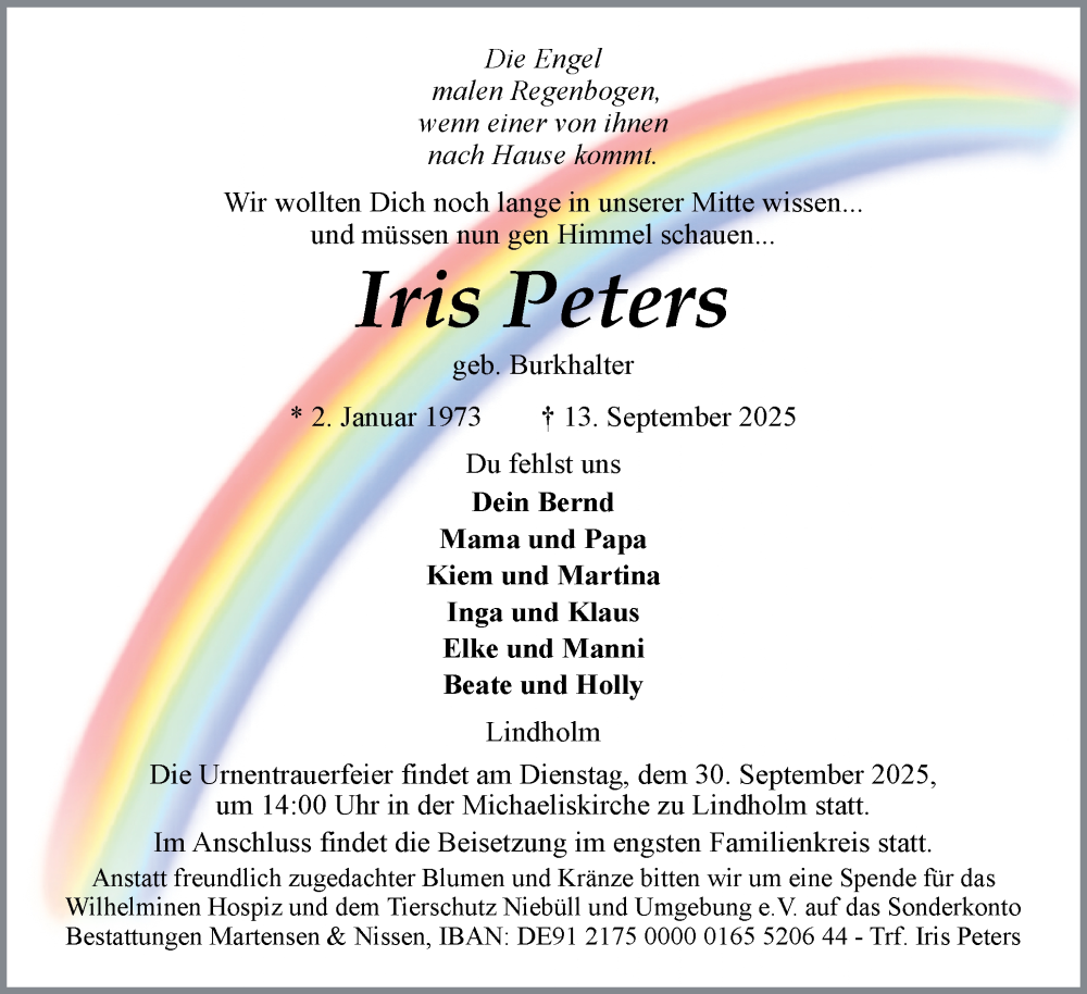  Traueranzeige für Iris Peters vom 20.09.2025 aus Husumer Nachrichten, Nordfriesland Tageblatt