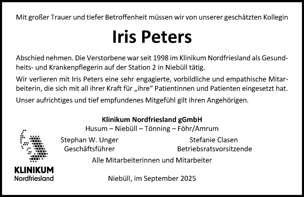  Traueranzeige für Iris Peters vom 23.09.2025 aus Husumer Nachrichten, Nordfriesland Tageblatt