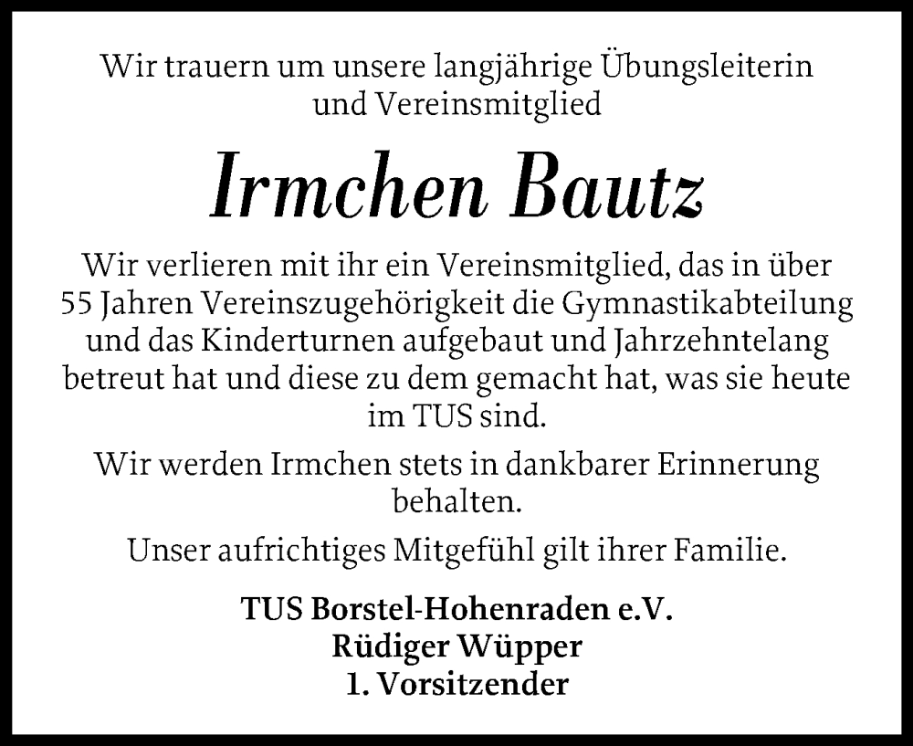  Traueranzeige für Irmchen Bautz vom 20.09.2025 aus Region Pinneberg und tip Pinneberg