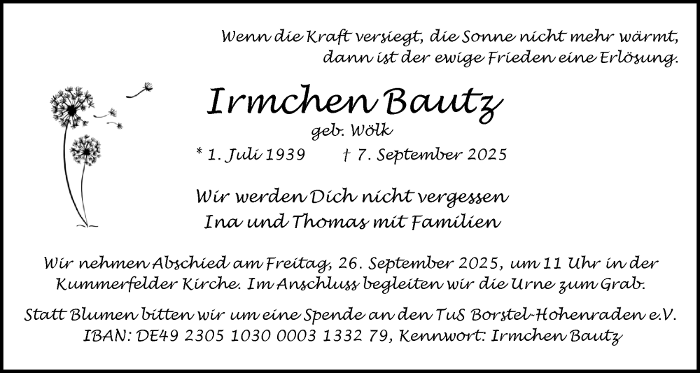  Traueranzeige für Irmchen Bautz vom 20.09.2025 aus Region Pinneberg und tip Pinneberg