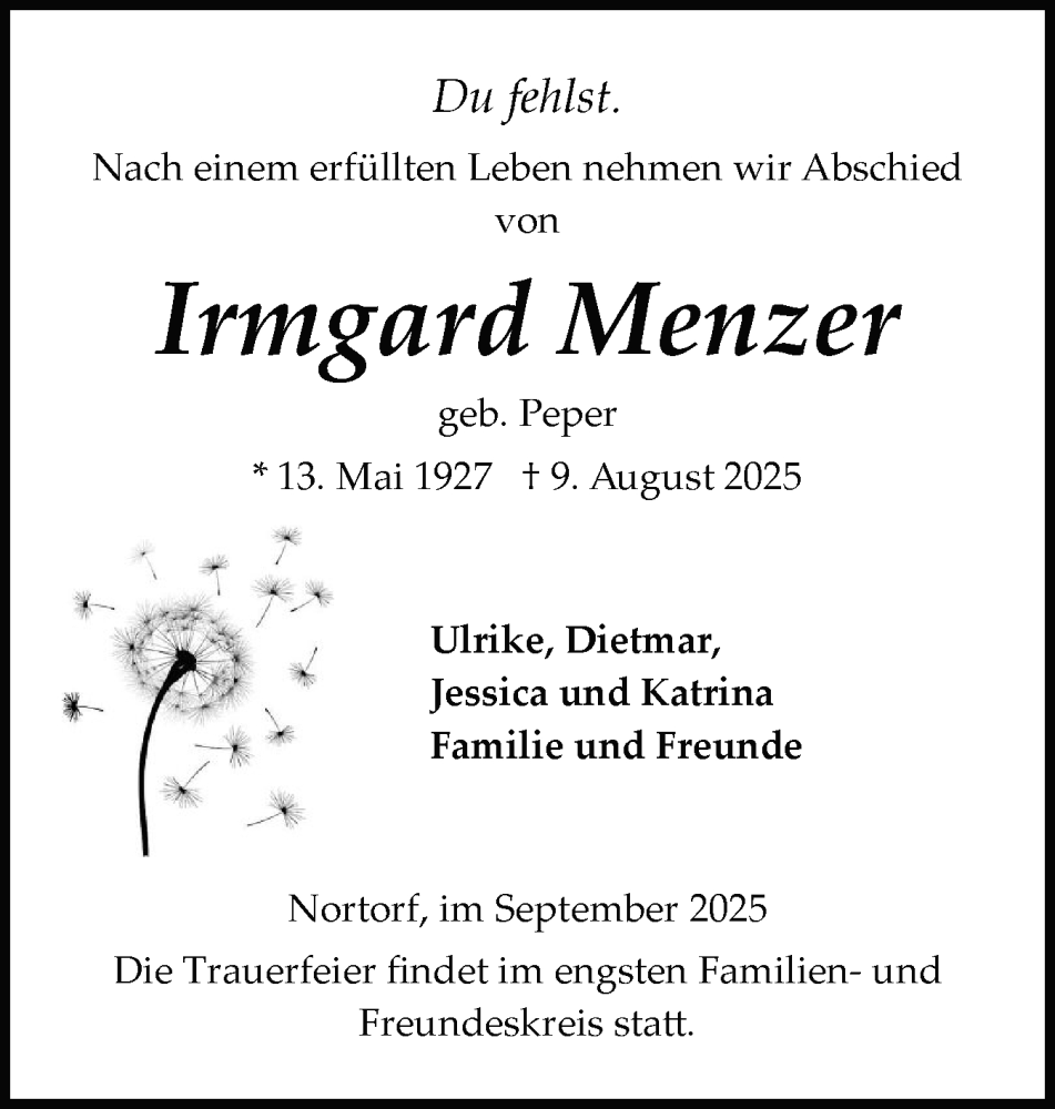  Traueranzeige für Irmgard Menzer vom 20.09.2025 aus Schleswig-Holsteinische Landeszeitung