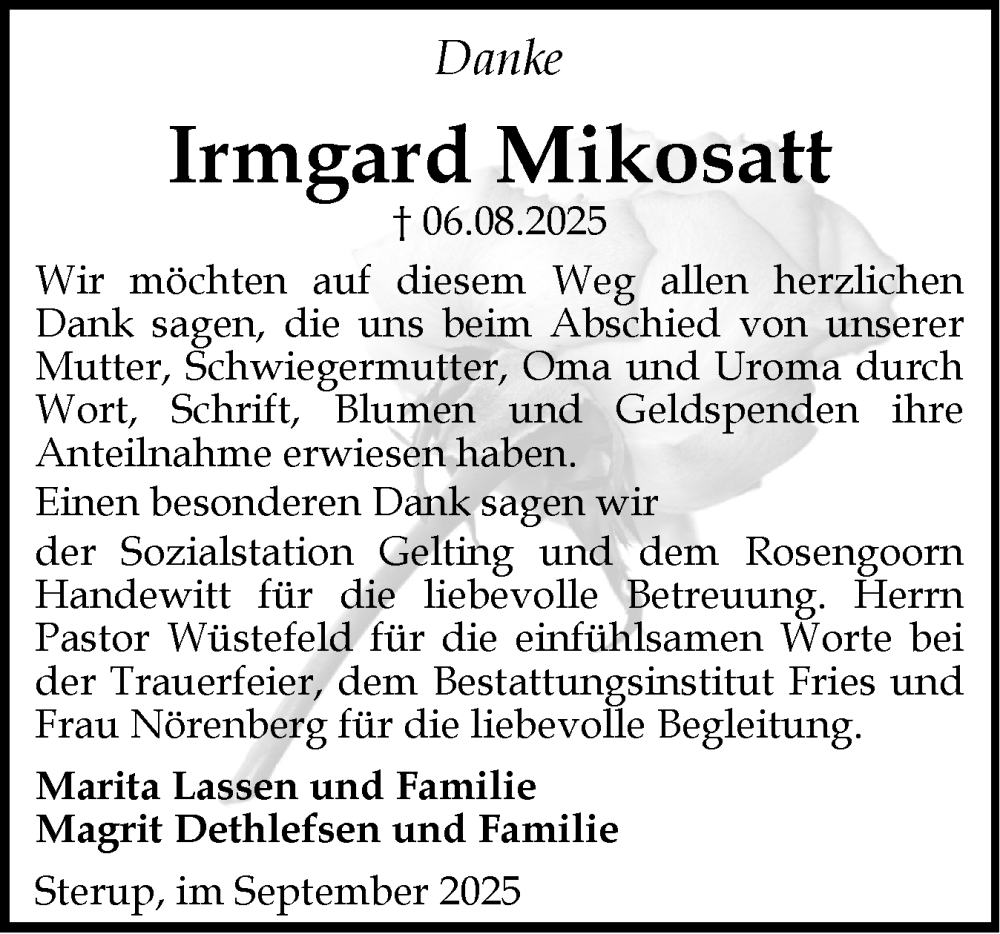  Traueranzeige für Irmgard Mikosatt vom 06.09.2025 aus Flensburger Tageblatt