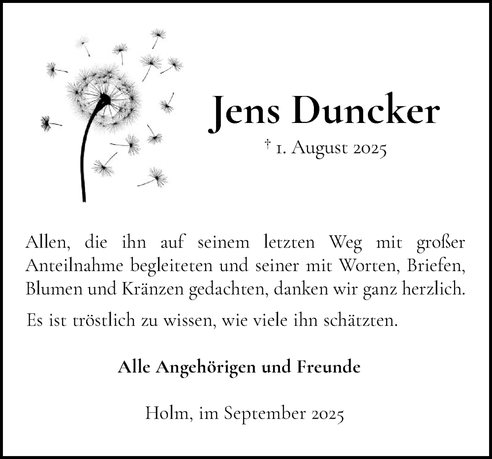  Traueranzeige für Jens Duncker vom 13.09.2025 aus Wedel-Schulauer Tageblatt, tip Wedel-Schulauer Tageblatt, tip Rissener Rundschau
