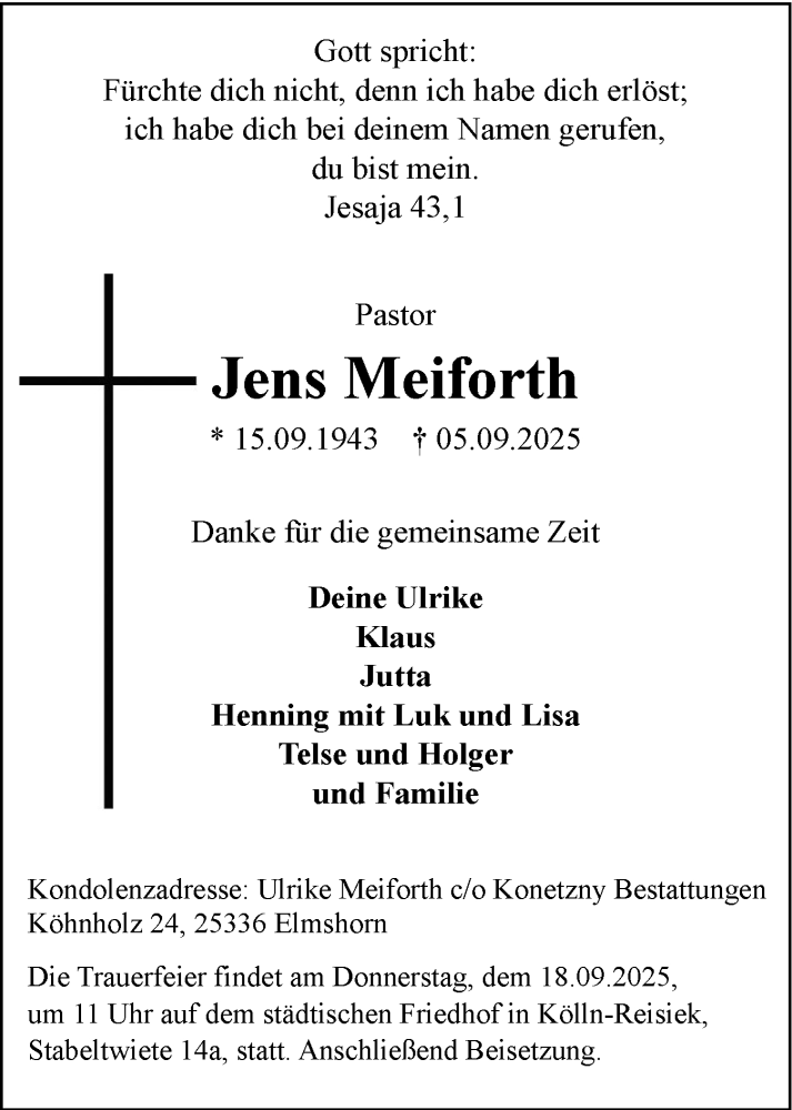 Traueranzeige für Jens Meiforth vom 13.09.2025 aus Elmshorner Nachrichten, Barmstedter Zeitung