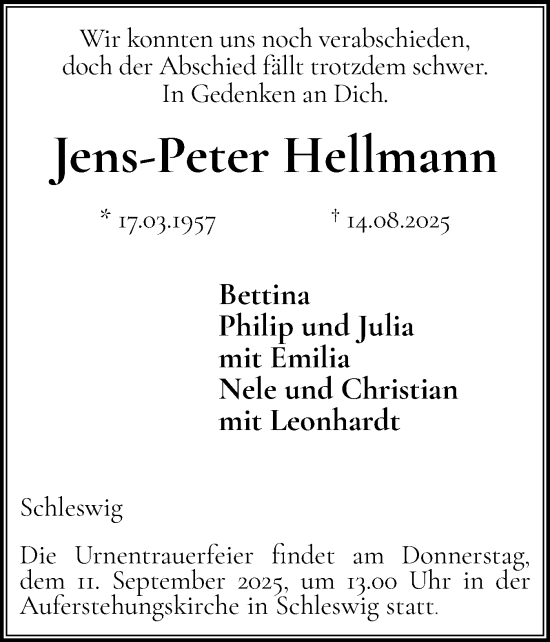 Traueranzeige von Jens-Peter Hellmann von Schleswiger Nachrichten, Schlei-Bote