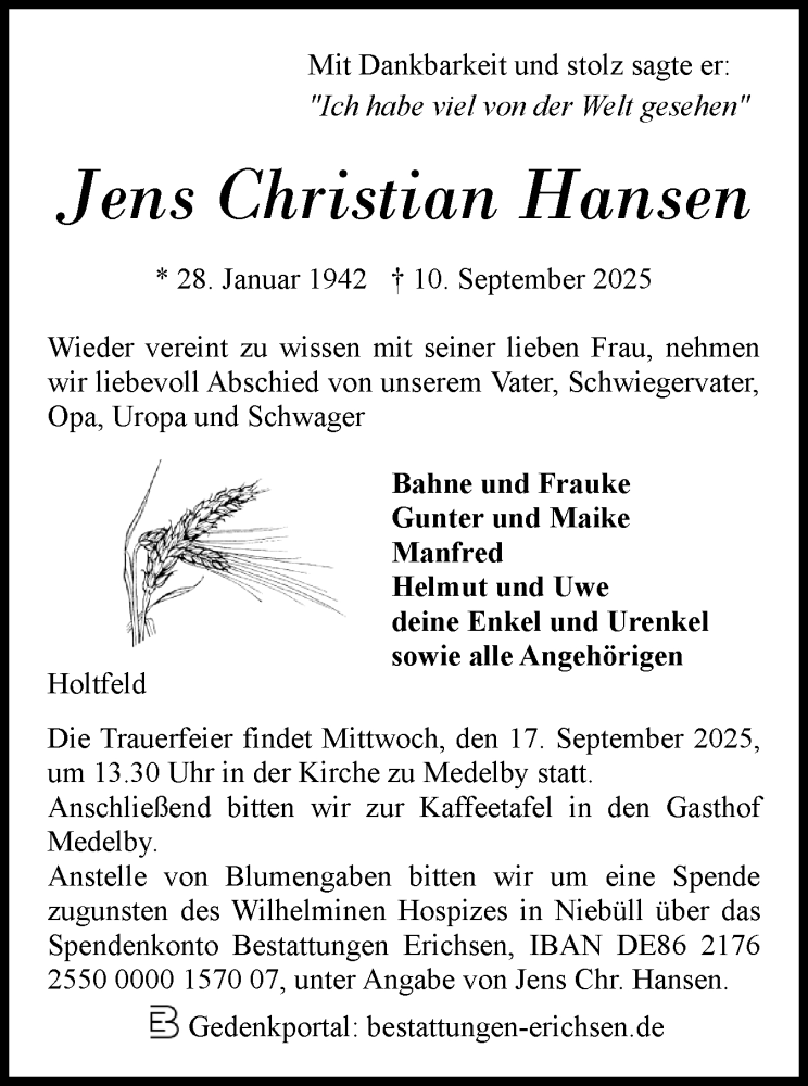  Traueranzeige für Jens Christian Hansen vom 13.09.2025 aus Region Flensburg
