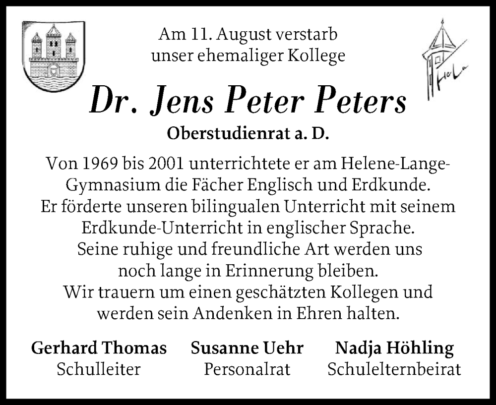  Traueranzeige für Jens Peter Peters vom 24.09.2025 aus Schleswig-Holsteinische Landeszeitung