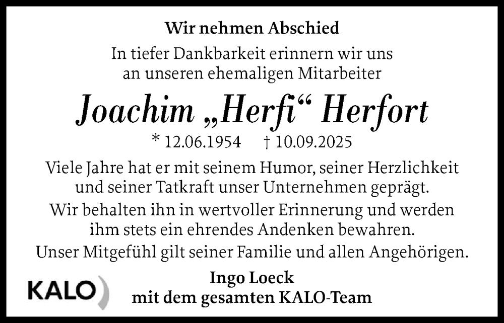  Traueranzeige für Joachim Herfort vom 16.09.2025 aus Flensburger Tageblatt