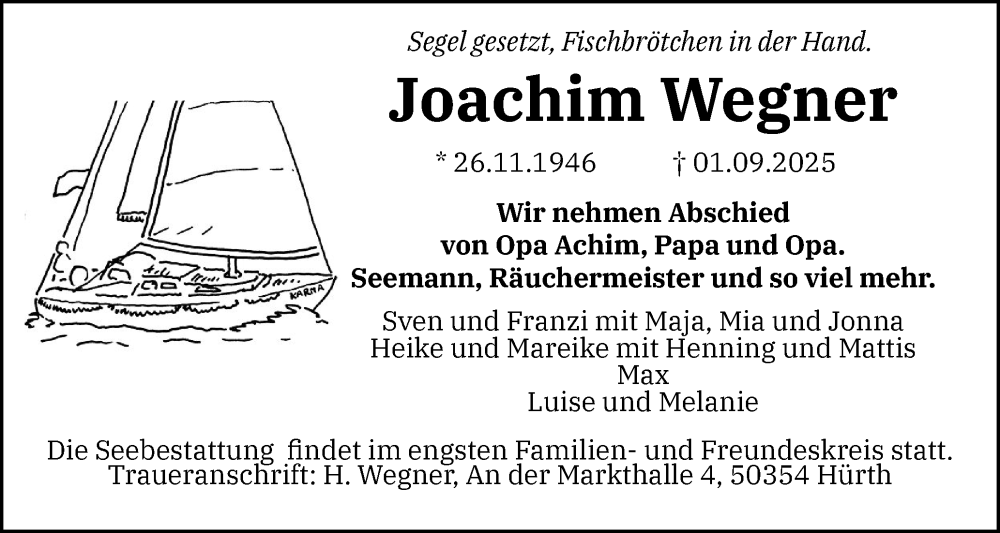 Traueranzeige für Joachim Wegner vom 13.09.2025 aus Flensburger Tageblatt