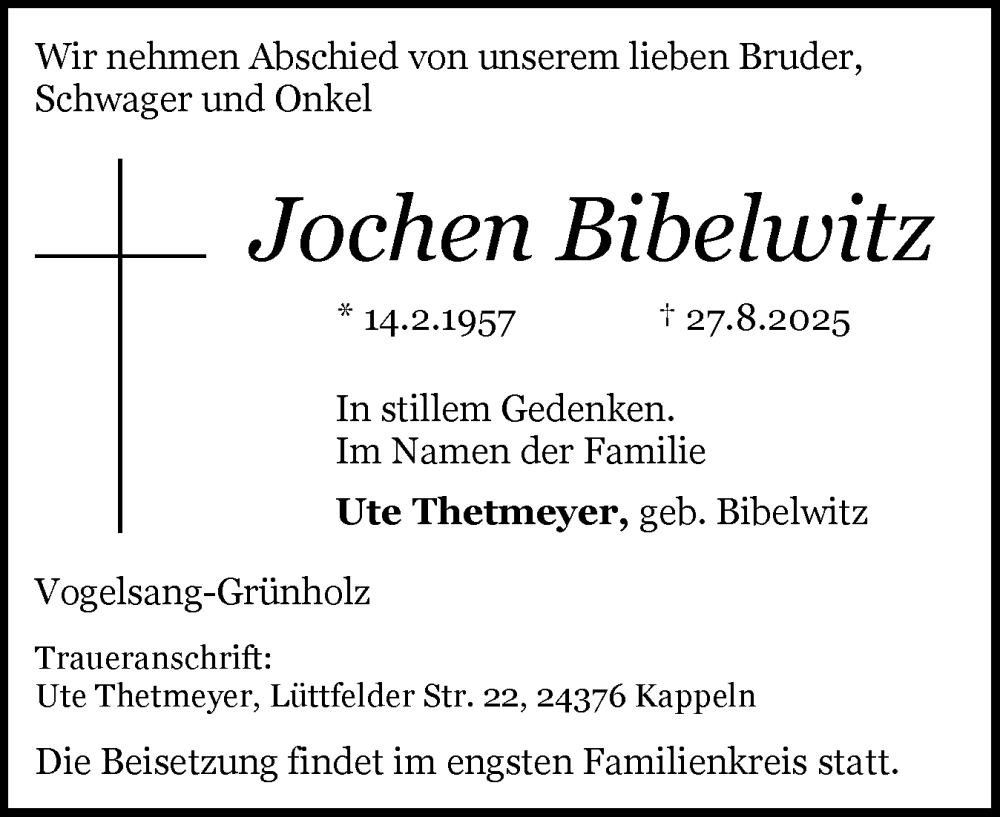  Traueranzeige für Jochen Bibelwitz vom 06.09.2025 aus Eckernförder Zeitung, Hallo Eckernförde