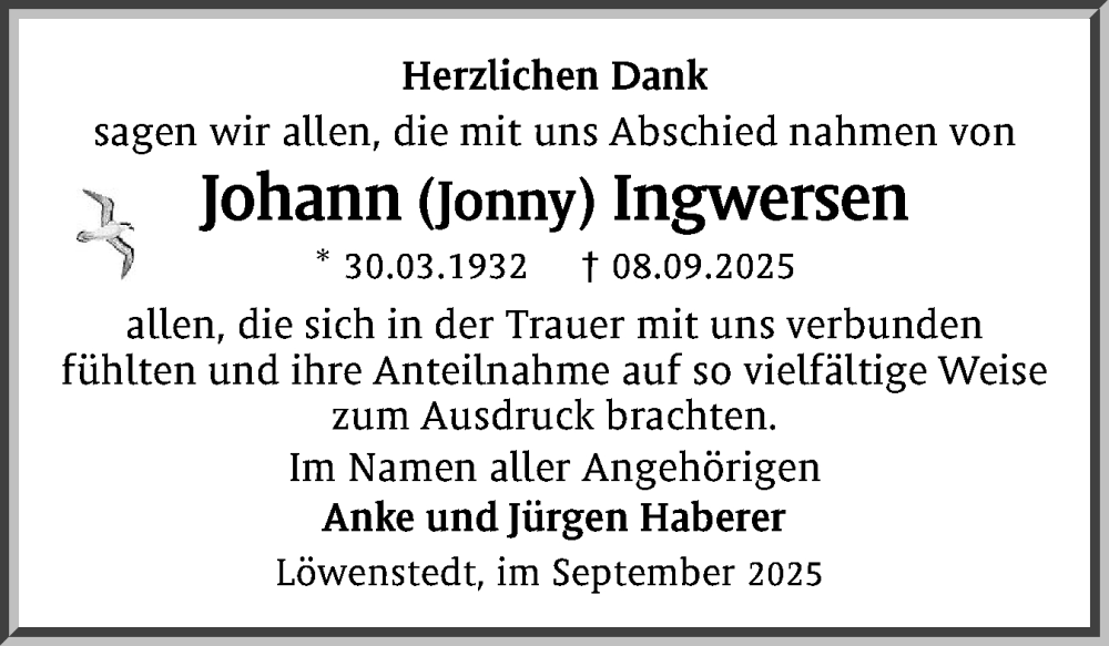  Traueranzeige für Johann Ingwersen vom 24.09.2025 aus Husumer Nachrichten, Nordfriesland Tageblatt
