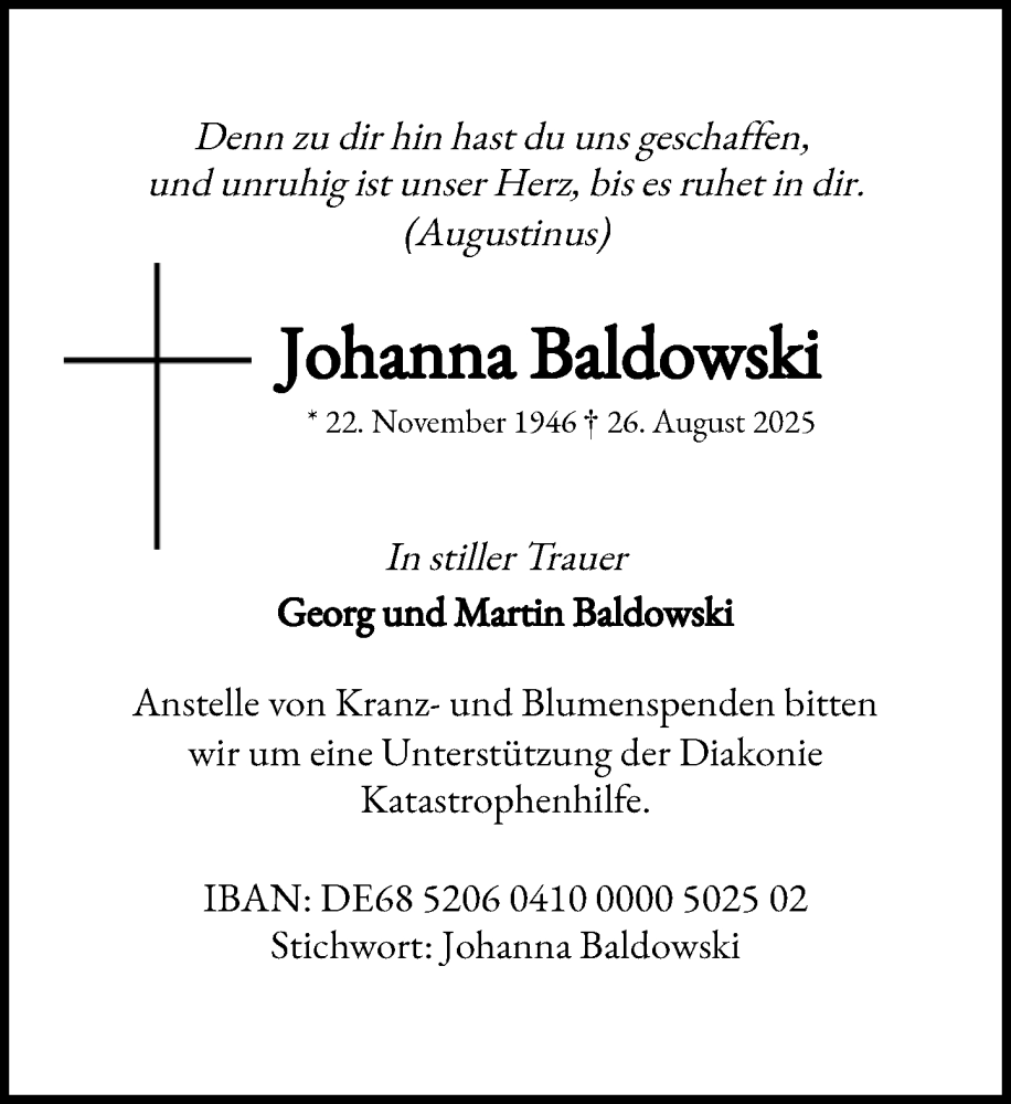  Traueranzeige für Johanna Baldowski vom 27.09.2025 aus Heimatspiegel