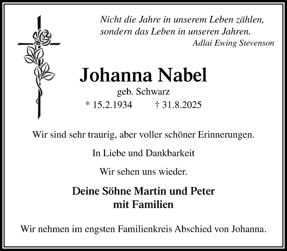  Traueranzeige für Johanna Nabel vom 06.09.2025 aus MARKT Ratzeburg/Mölln