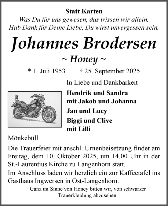 Traueranzeige von Johannes Brodersen von Husumer Nachrichten, Nordfriesland Tageblatt